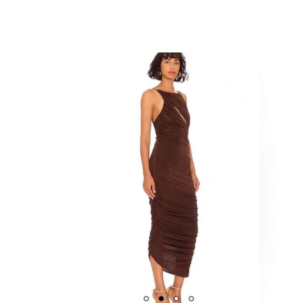 NBD revolve Brown ruched fitted slit dress maxi sexy night out holidays chic - Picture 2 of 12